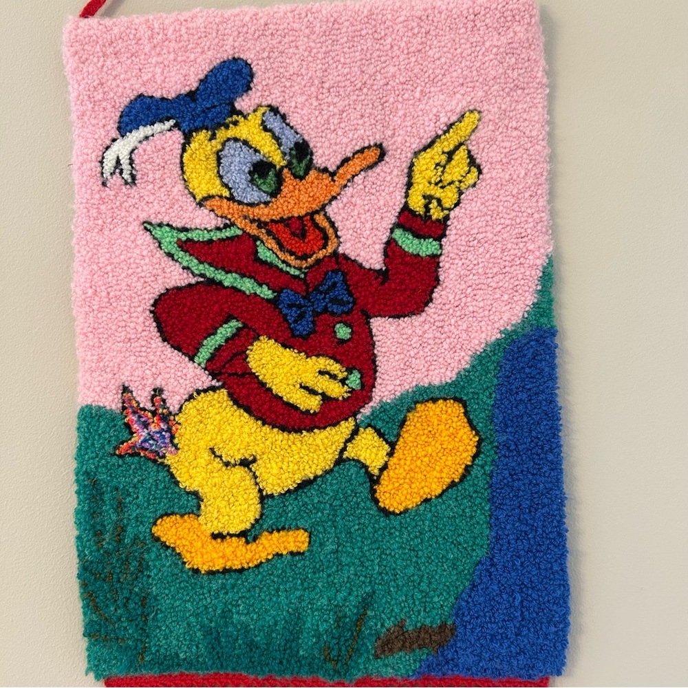 Handmade Vintage 80’s Colorful Donald Duck Cartoon Wall Hanging with Fringe
